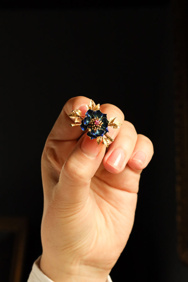 18k Gold Flower Brooch with Ruby and Blue Enamel