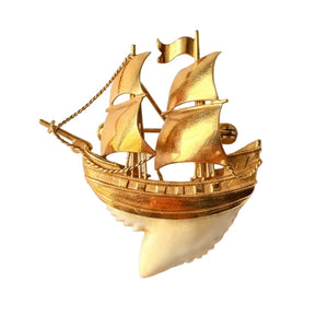 Antique Galleon Brooch with Tiger Shark Tooth in 18k Gold