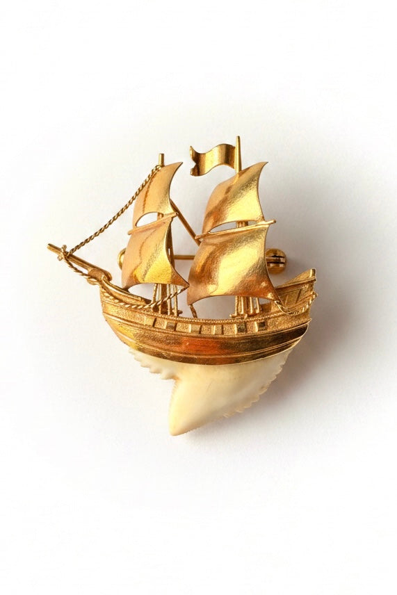Antique Galleon Brooch with Tiger Shark Tooth in 18k Gold