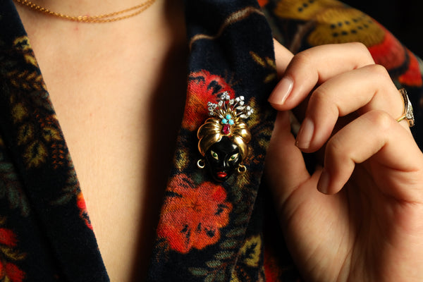 Vintage Blackmoor Brooch: 18k Gold, Burma Ruby, Diamonds, Turquoise