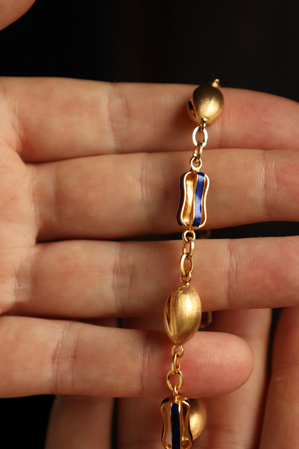 18k Brushed Gold Coffee Bean Bracelet with Blue Enamel