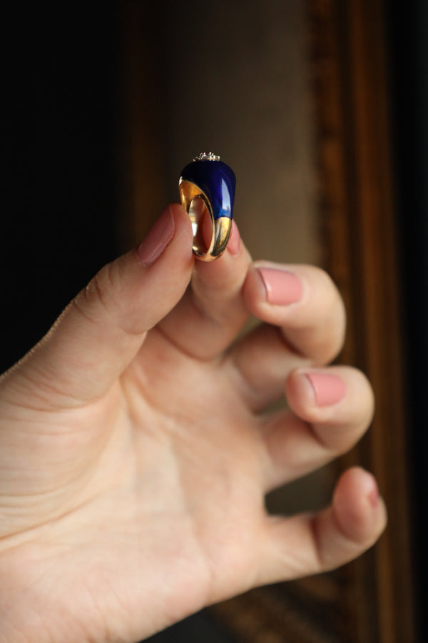 18k Italian Gold Dome Ring with Blue Enamel, Diamonds and Ruby