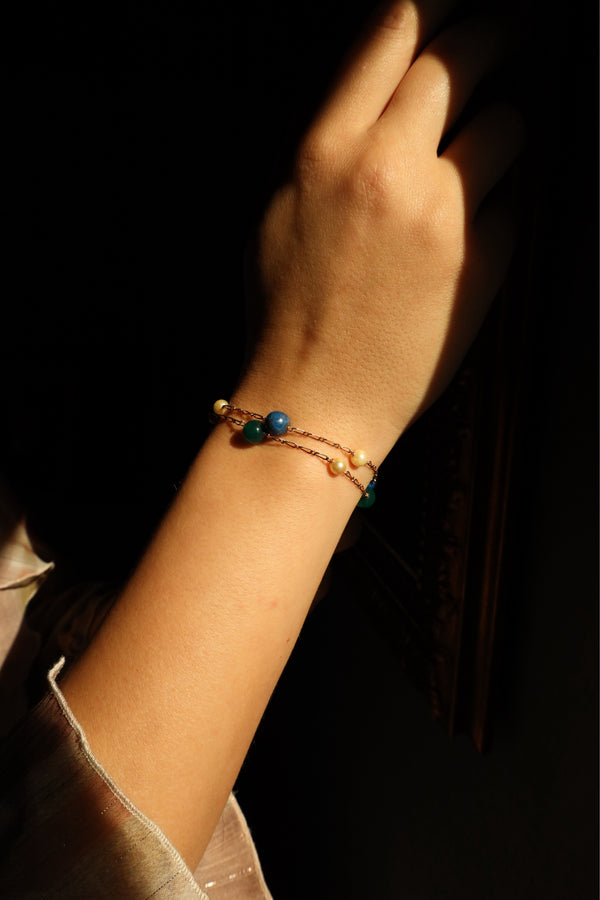 18k Gold Lapis Lazuli and Pearl Bead Bracelet