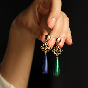 18k Gold Lovers Knot Earrings with Convertible Lapis Lazuli and Malachite Drops