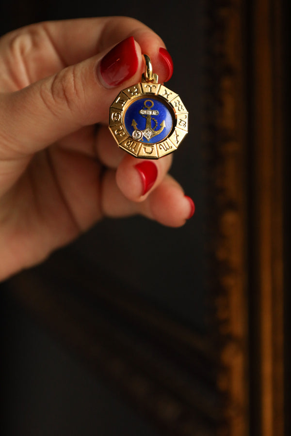18k Gold Virgo Zodiac Pendant with Diamonds and Blue Enamel
