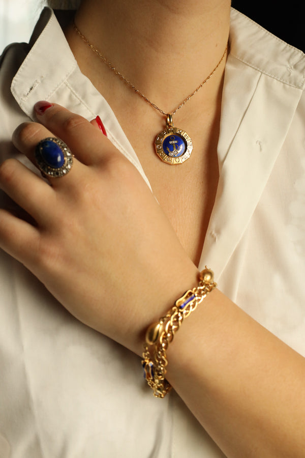 18k Gold Virgo Zodiac Pendant with Diamonds and Blue Enamel