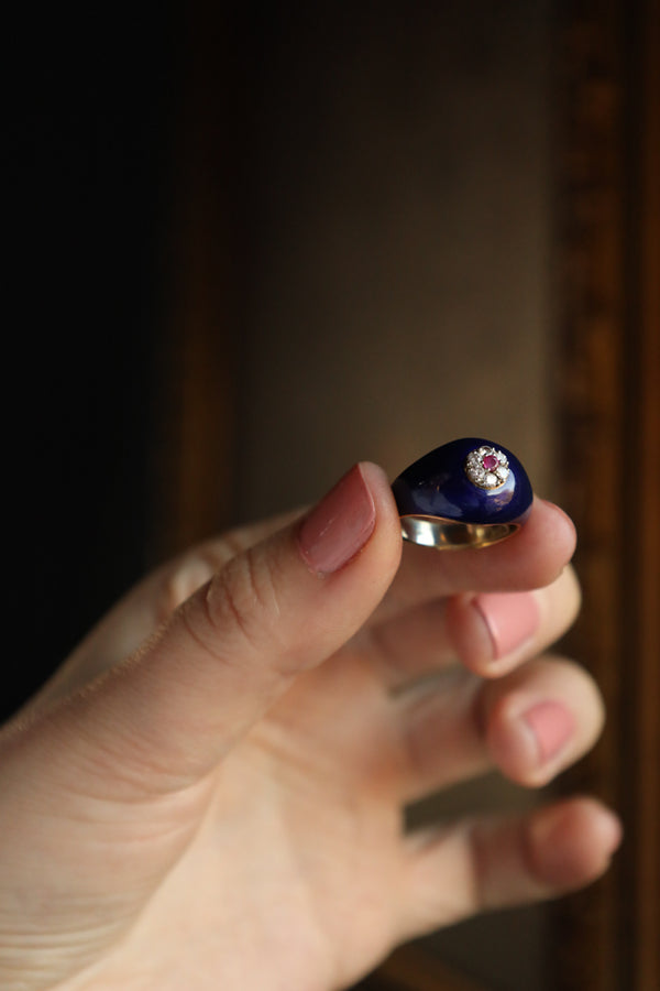 18k Italian Gold Dome Ring with Blue Enamel, Diamonds and Ruby