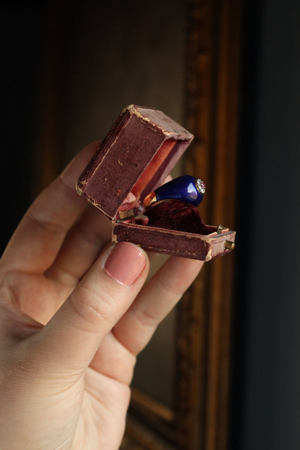 18k Italian Gold Dome Ring with Blue Enamel, Diamonds and Ruby