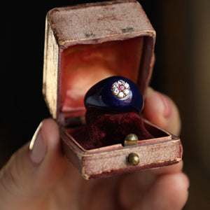 18k Italian Gold Dome Ring with Blue Enamel, Diamonds and Ruby