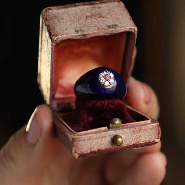 18k Italian Gold Dome Ring with Blue Enamel, Diamonds and Ruby
