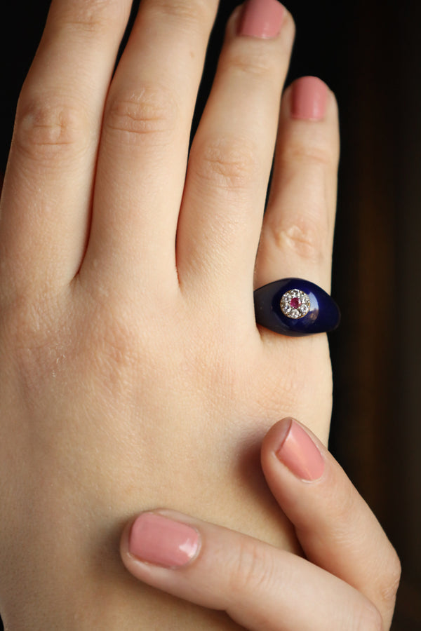 18k Italian Gold Dome Ring with Blue Enamel, Diamonds and Ruby