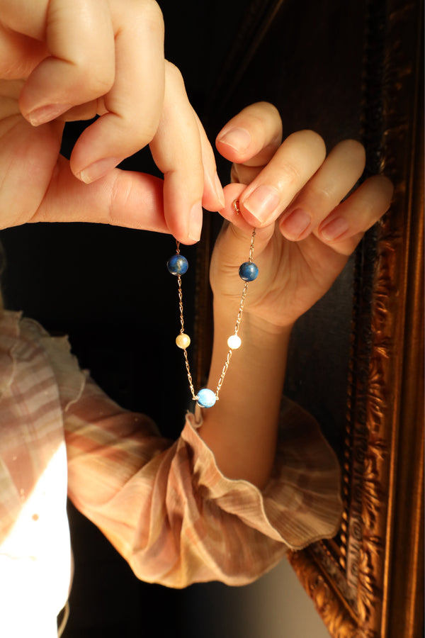 18k Gold Lapis Lazuli and Pearl Bead Bracelet