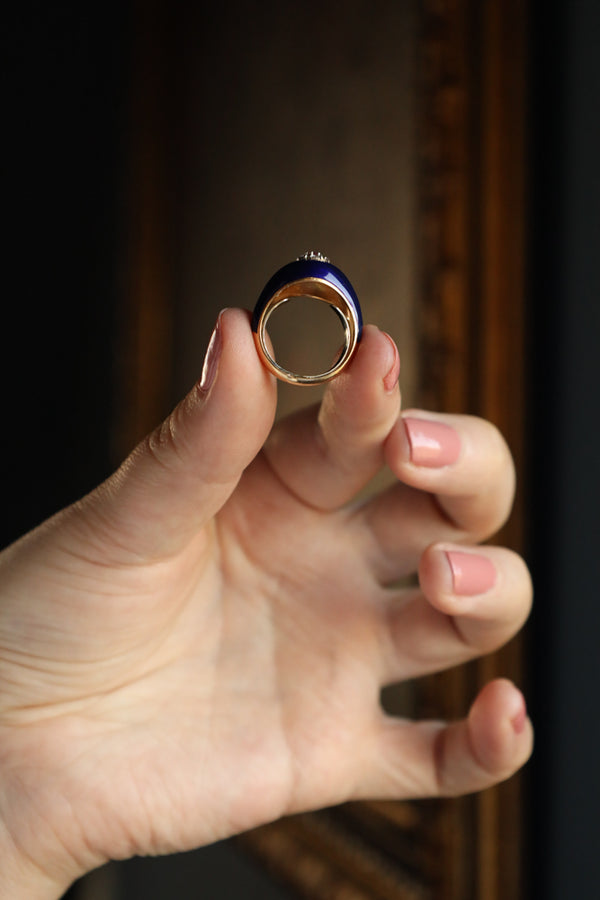 18k Italian Gold Dome Ring with Blue Enamel and Diamonds