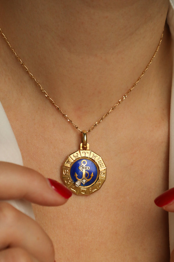 18k Gold Virgo Zodiac Pendant with Diamonds and Blue Enamel