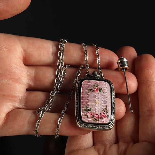Antique Pink Guilloche Enamel Silver Perfume Bottle Necklace