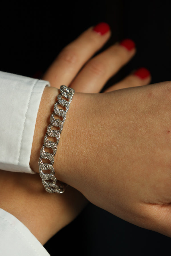 Flat Cuban Chain Link Bracelet with Gray Diamonds - Modern Silver