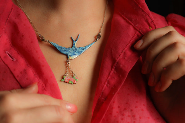 Bird Necklace with Blue Enamel and Watermelon Tourmaline Pendant
