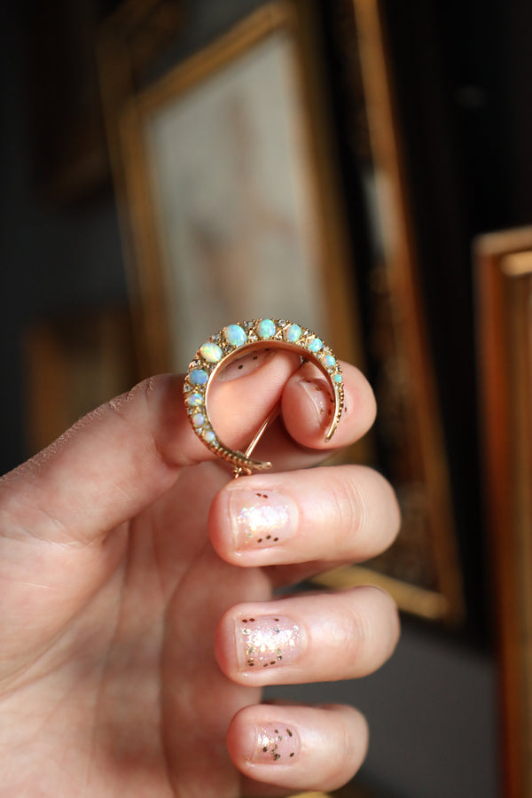 Antique Crescent Moon Brooch with Australian Opal