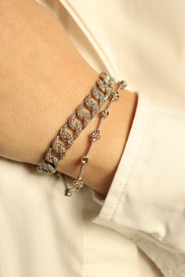 Flat Cuban Chain Link Bracelet with Gray Diamonds - Modern Silver