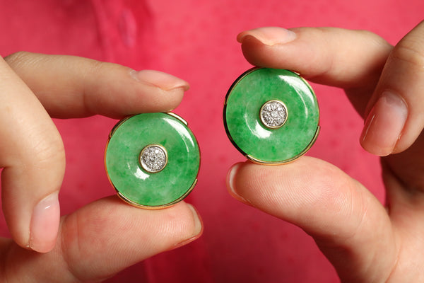 18K Lime Green Jade Earrings, Nephrite Earrings, Signed Jewelry by Maria Grazia Baldan
