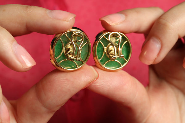 18K Lime Green Jade Earrings, Nephrite Earrings, Signed Jewelry by Maria Grazia Baldan