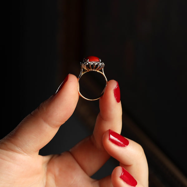Vintage Sicilian Coral and Diamond Halo Ring