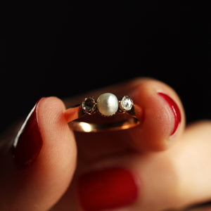 Antique 1900s Three Stone Natural Pearl and Rose Cut Diamond Ring