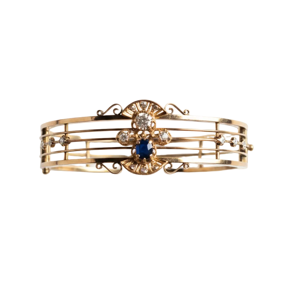 Art Nouveau Cuff Bracelet with Sapphire and Old Cut Diamonds