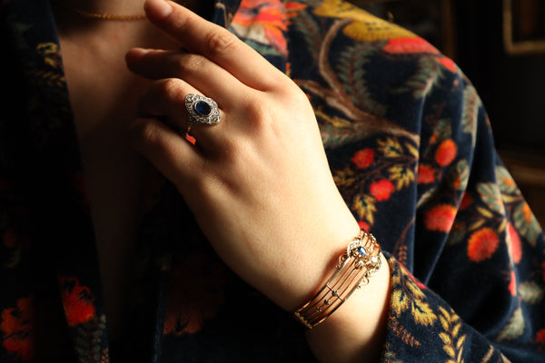 Art Nouveau Cuff Bracelet with Sapphire and Old Cut Diamonds