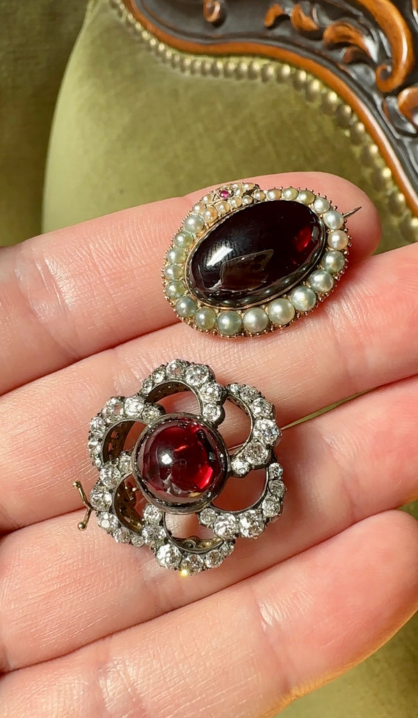 Antique Victorian Garnet Cabochon and Diamond Flower Brooch