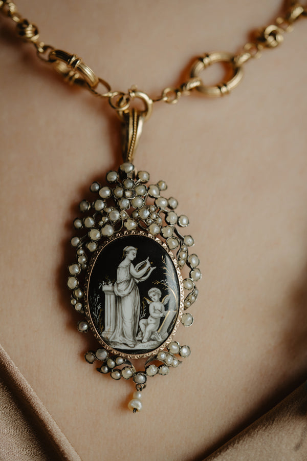 French Antique Amor and Psyche Monochrome Miniature Pearl Locket