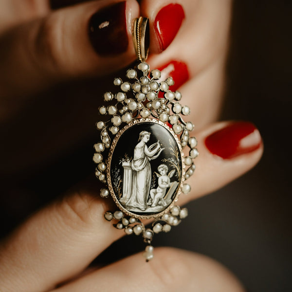 French Antique Amor and Psyche Monochrome Miniature Pearl Locket