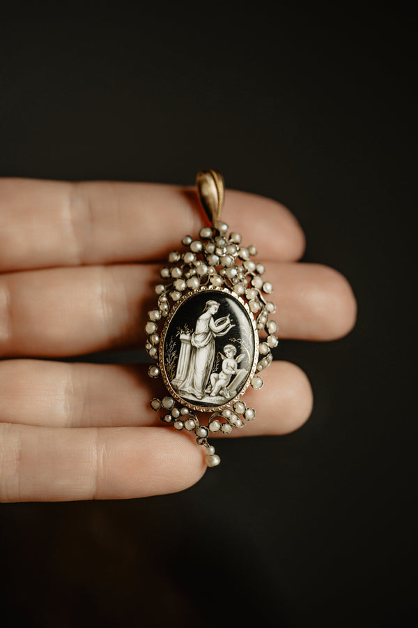 French Antique Amor and Psyche Monochrome Miniature Pearl Locket