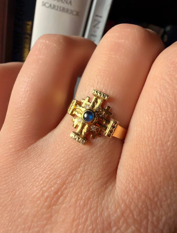 Maltese Cross Ring with Sapphire Cabochon
