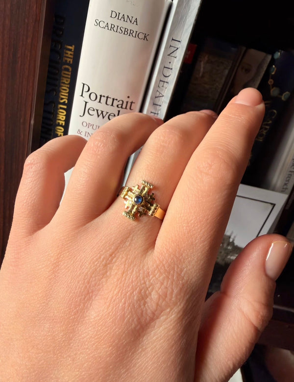 Maltese Cross Ring with Sapphire Cabochon