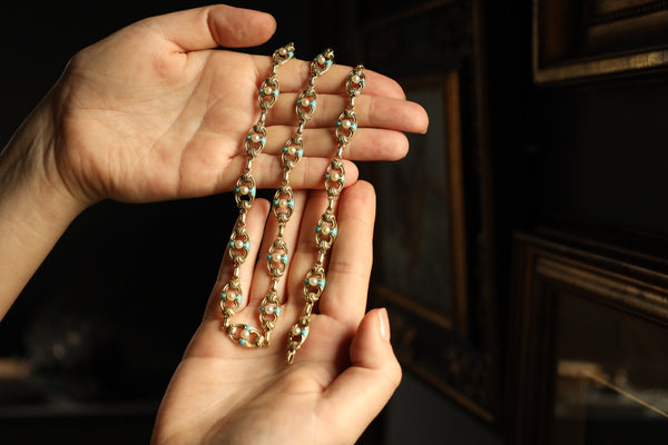 Antique Victorian Gold Chain Necklace and Bracelet Set with Turquoise, Enamel and Pearls