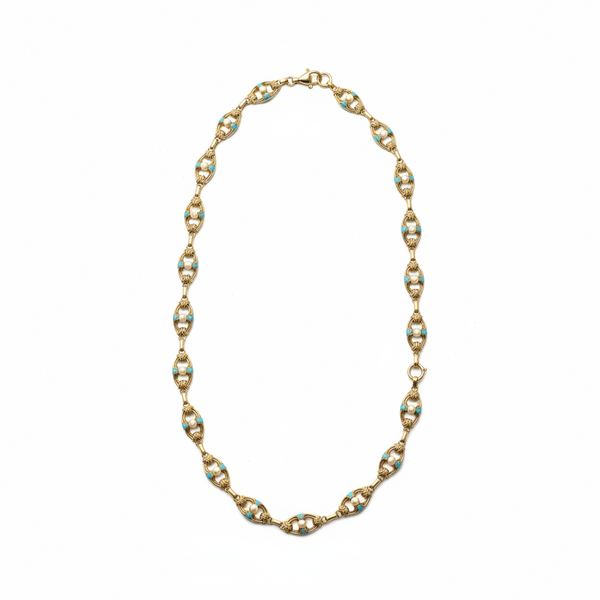 Antique Victorian Gold Chain Necklace and Bracelet Set with Turquoise, Enamel and Pearls