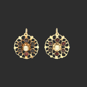 Antique Italian Foiled Garnet and Pearl Statement Round Earrings, Natural Gemstone Floral Hoops, 19th Century Jewelry