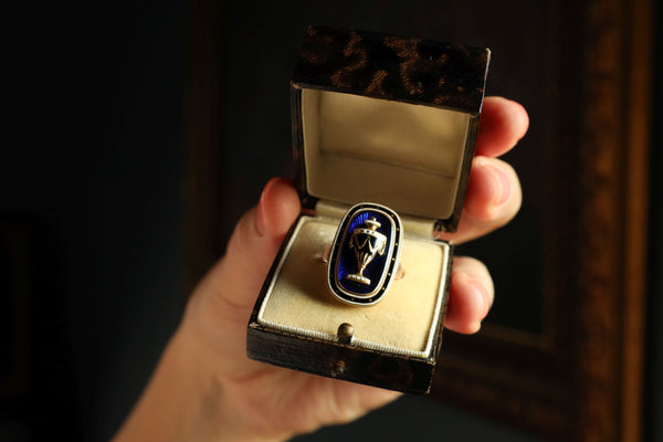 Antique British Urn Ring with Blue Enamel, 18th Century Jewelry