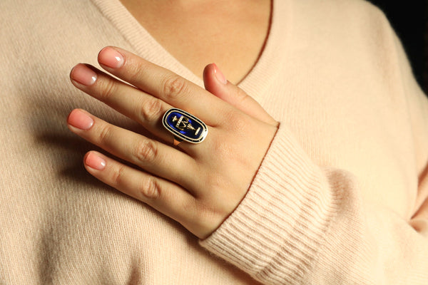 Antique British Urn Ring with Blue Enamel, 18th Century Jewelry