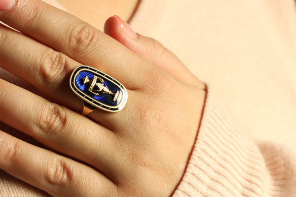 Antique British Urn Ring with Blue Enamel, 18th Century Jewelry