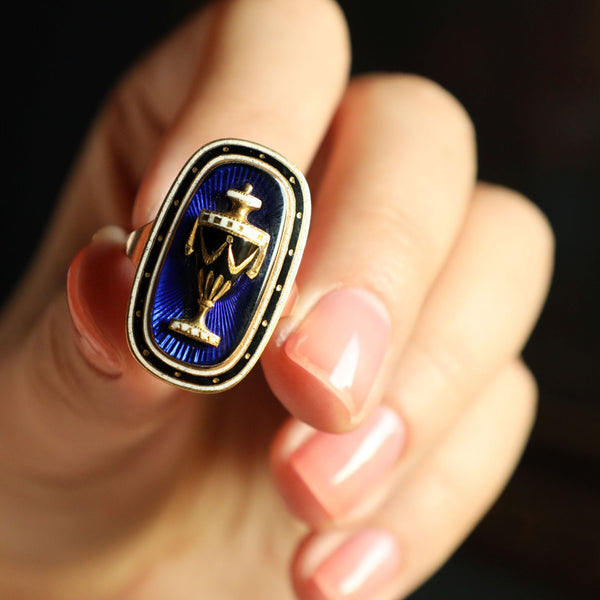 Antique British Urn Ring with Blue Enamel, 18th Century Jewelry