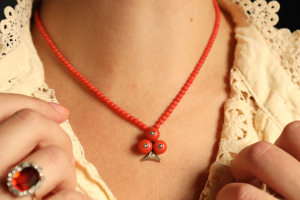 Antique Natural Coral Necklace with Trefoil Pendant