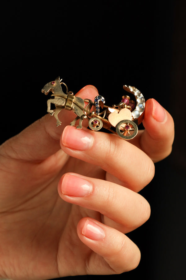 Antique Moonstone Crescent Horse Carriage Brooch in 14k Gold