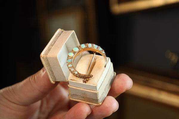 Antique Crescent Moon Brooch with Australian Opal