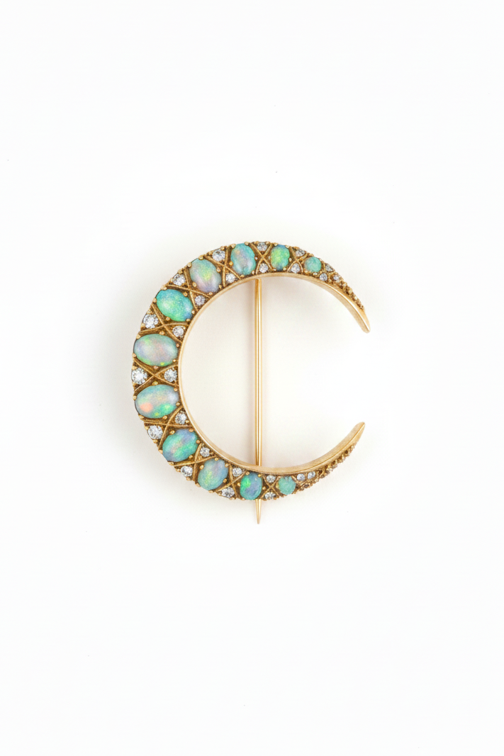 Antique Crescent Moon Brooch with Australian Opal