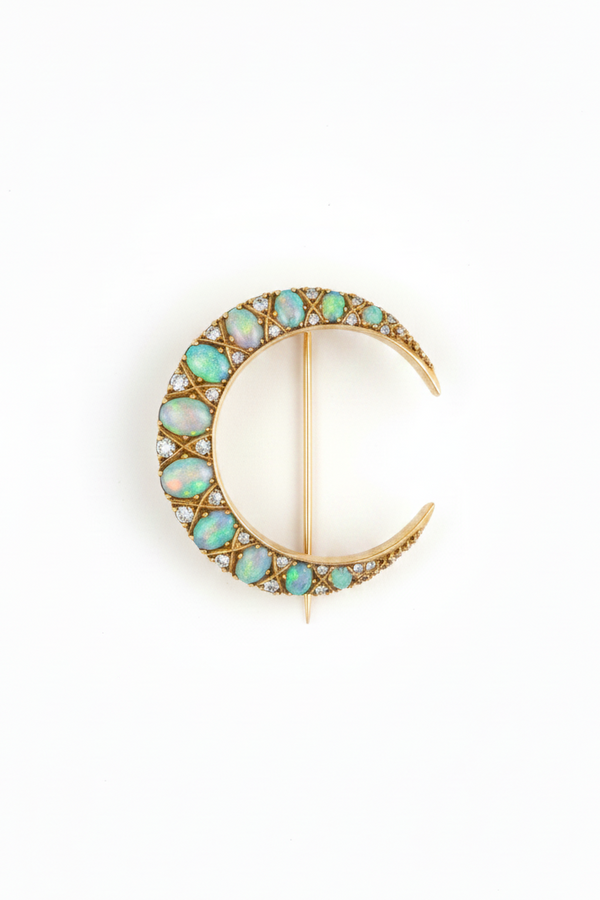 Antique Crescent Moon Brooch with Australian Opal
