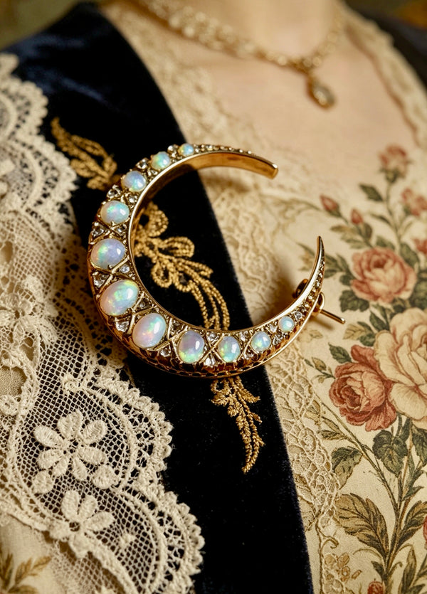 Antique Crescent Moon Brooch with Australian Opal