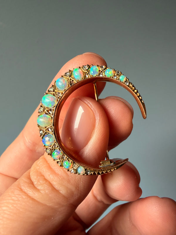 Antique Crescent Moon Brooch with Australian Opal
