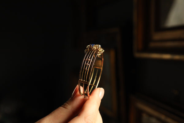 Art Nouveau Cuff Bracelet with Sapphire and Old Cut Diamonds